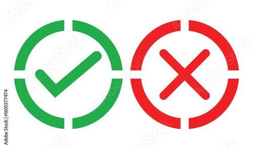 Simple illustration of a green check mark and red cross inside outlined squares on white background. Bold lines, solid colors, and minimal design for clear marking or indication concepts.