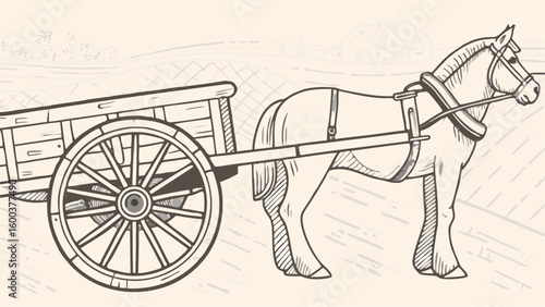 Illustration of a horse drawn cart with large wooden wheels and a simple carriage design on a light background silhouette