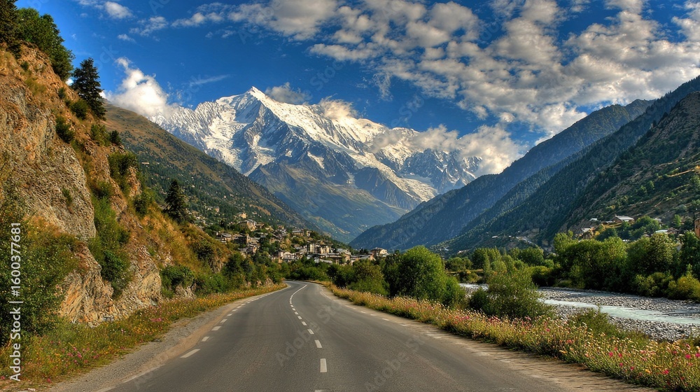 Mountainous Valley Road With Snowy Peaks Mountainous Valley Road With Snowy Peaks