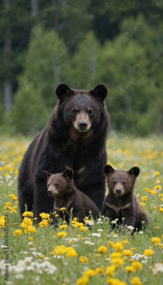 Fototapeta premium Mother bear with two cubs stand in meadow full of yellow and white flowers. Brown bears in natural habitat, forest background. Adorable wild animals, summer wildlife scene, furry mammals.