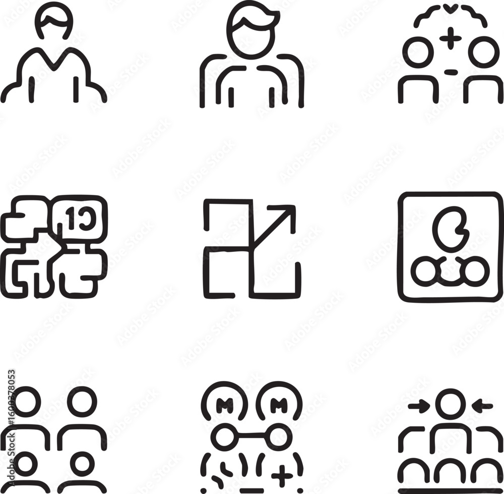 Fototapeta premium Teamwork and collaboration vector icon set hand drawn style team,leadership,communication,cooperation,strategy,brainstorming,solution,negotiation,group,organization,people,meeting icon set