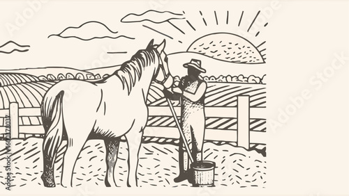 A farmer tending to a horse in a field with a fence and the sun rising in the background illustration silhouette