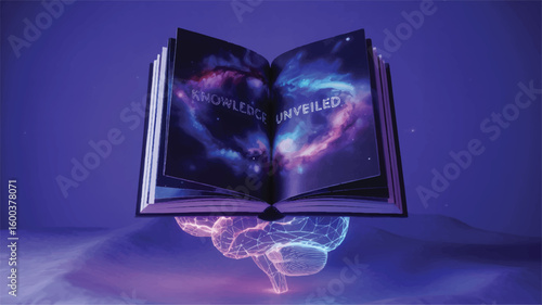 Knowledge Unveiled: An open book floats, with celestial words illuminating over a glowing brain, illustrating the expansive power of information.