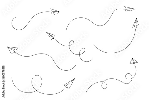 Line path of paper plane for flight and air travel by vector or outline art. Aeroplane or jet craft flies with track like toy or email symbol. Modern and simple design.