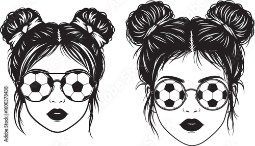 Two girls with soccer ball glasses and messy buns silhouette