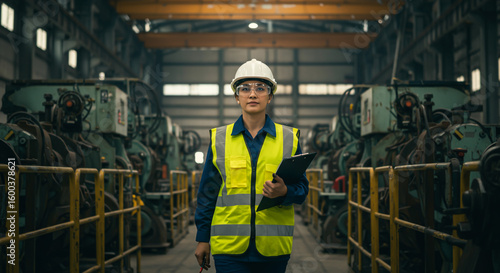 Confident Female Engineer in Safety Gear Overseeing Operations at a Modern Industrial Factory