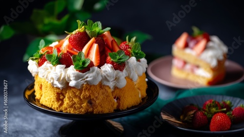 Indulgent Strawberry Shortcake Delight with Whipped Cream Layers under Warm Studio Lighting - Selective Focus and Dramatic Composition