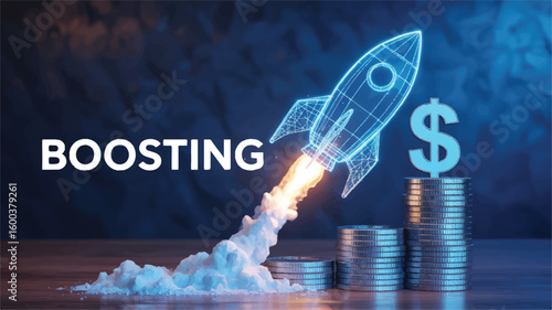 Rising Business: A digital illustration depicting a rocket blasting off, symbolizing business growth and financial success, accompanied by the word Boosting and dollar sign. 