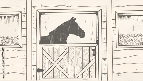 Horse head silhouette in barn stall with hay in windows and wooden plank construction design style