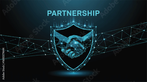Partnership Shield: A digitally rendered image of two hands clasping within a shield, symbolizing alliance and collaboration.