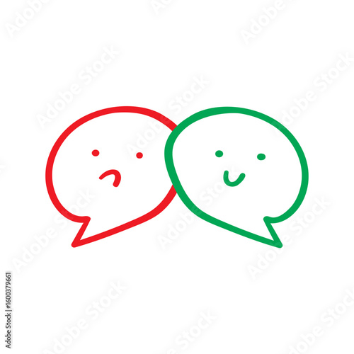 Red and green speech bubbles. Happy and sad faces. Outline design. Vector illustration on white background.