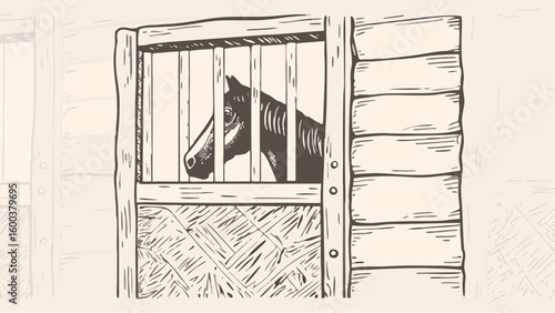 A horse standing in a wooden stall with hay and bars in a rustic farm setting illustration silhouette
