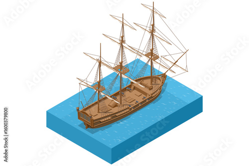 An isometric illustration of a large wooden sailboat with multiple masts and rigging, ready for a grand voyage on open water