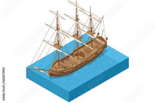 An isometric illustration of a large wooden sailboat with multiple masts and rigging, ready for a grand voyage on open water