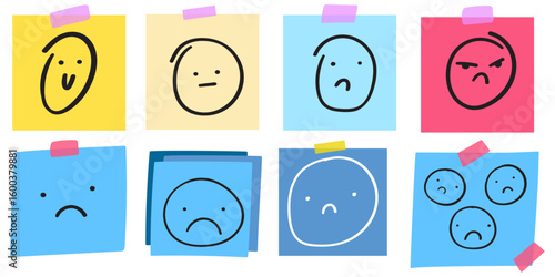 Collection of happy and sad faces on colorful paper notes. Flat design. Vector illustrations on white background.
