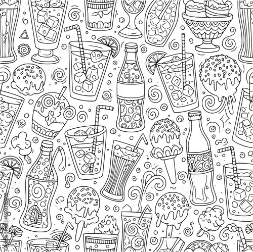 Hand drawn vintage soda pop and ice cream pattern