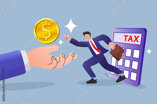 Tax refund and accounting service concept. A businessman runs from a calculator after filing taxes to receive a gold coin payment. Vector for a tax advisor, financial services, getting a tax return.