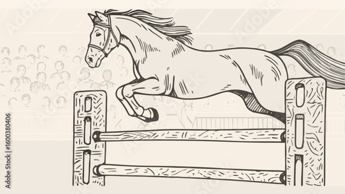 Illustration of a horse jumping over a wooden fence with a crowd in the background in black and white silhouette