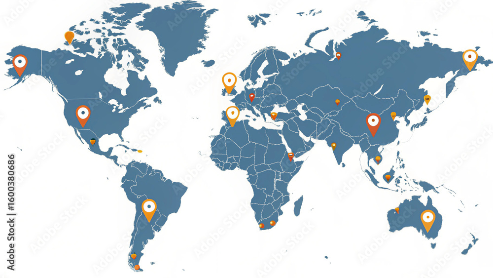 Naklejka premium “Vector image of a world map with small work–from–home icons at various points, clean lines—no legends or text.”
