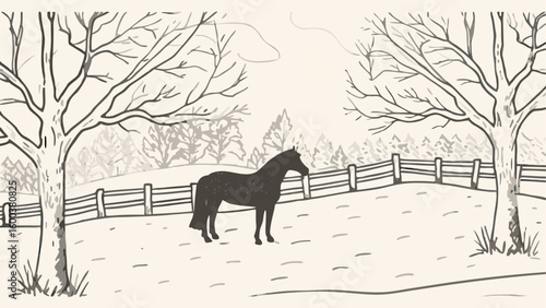Illustration of a horse standing in a winter landscape with bare trees and a wooden fence in the background silhouette