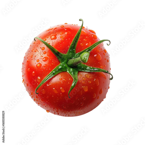 Single ripe tomato, wet with water droplets, top view