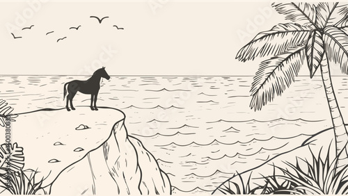 Horse standing on a cliff overlooking the ocean with palm tree and birds in a vintage style drawing silhouette
