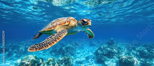 Majestic Sea Turtle Gracefully Swimming in a Vibrant Coral Reef