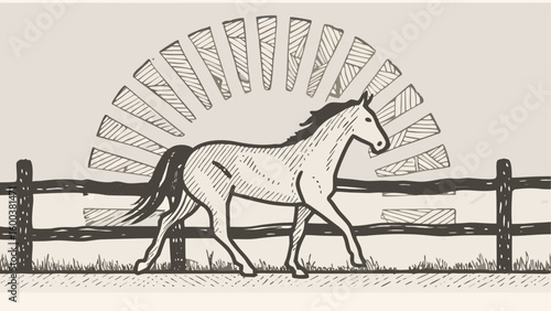 Illustration of a horse walking near a wooden fence with a sunburst background in a vintage style silhouette