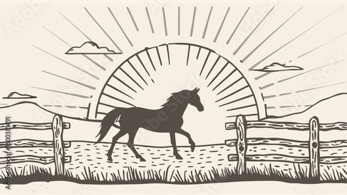 Silhouette of a horse trotting in a field with a rising sun and a wooden fence in a sketch style drawing