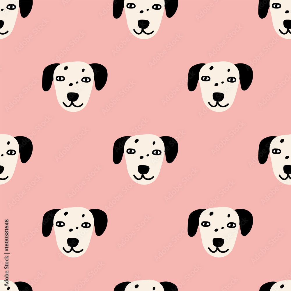 Fototapeta premium Dalmatian face. Cute dog. Seamless pattern. Hand drawn vector design. Pink background.