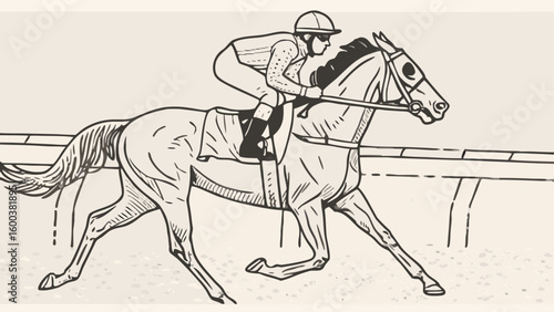 Illustration of a horse race with a jockey in action on a track with a fence in the background silhouette