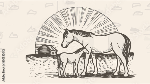 Illustration of a mare and foal standing near a building with a sunburst in the background design silhouette