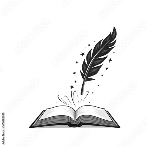 book with feather clip art/ quill and open book vector silhouette/ open book and quill pen icon with white background 