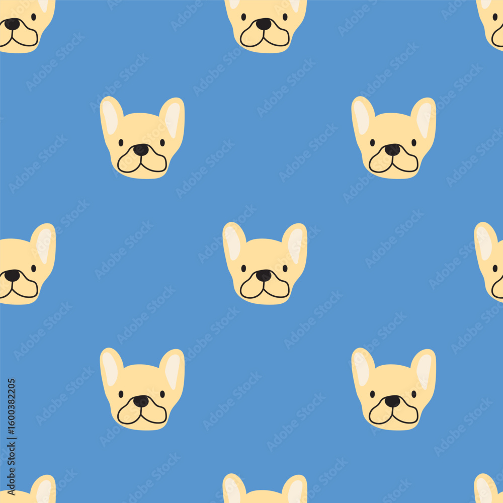 Obraz premium French bulldog. Seamless pattern. Flat hand drawn illustration on blue background.