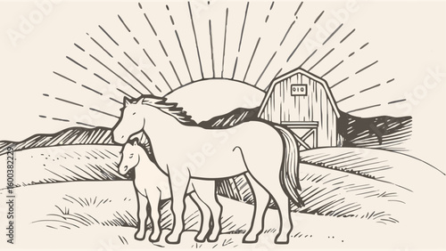 Illustration of a mare and foal in a rural setting with a barn and rising sun in the background view silhouette