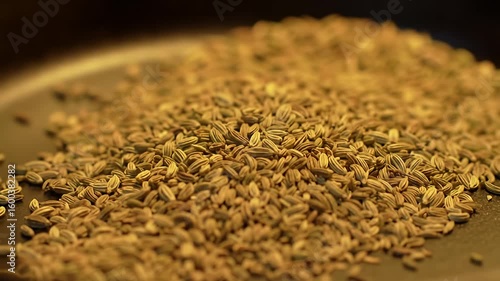 Close-up of a pile of small, brown, striated seeds on a dark surface