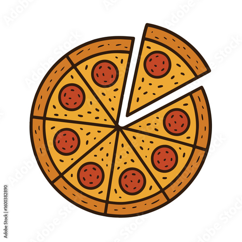 Minimalist pizza with a separated slice linear icon.eps