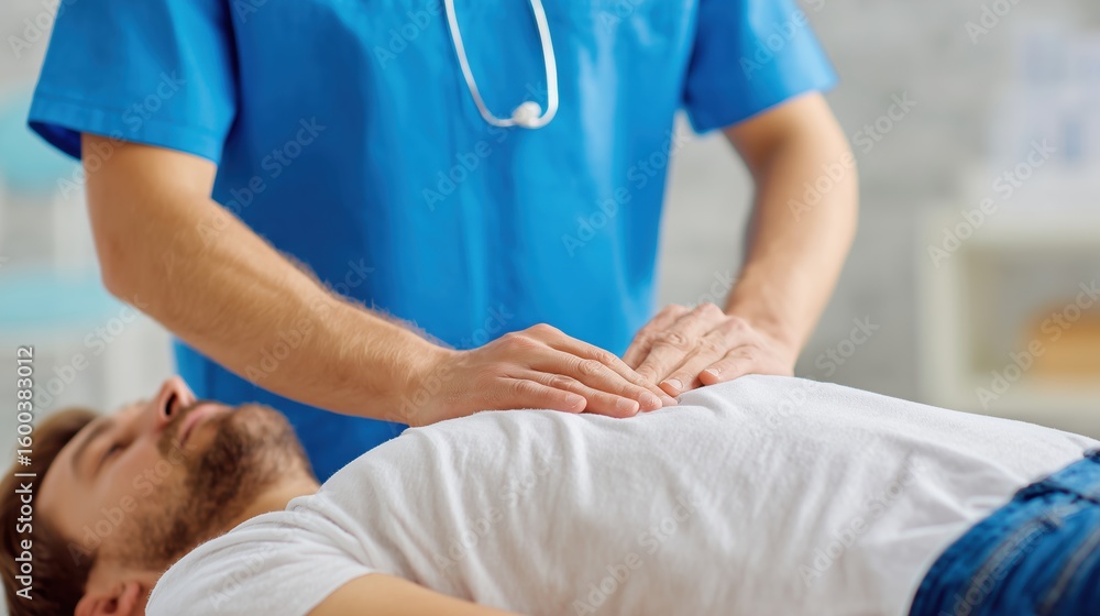 Fototapeta premium Doctor performing abdominal examination on a male patient in a clinical setting. Close-up of physician’s hands palpating the stomach area for diagnostic assessment of internal organs and health 