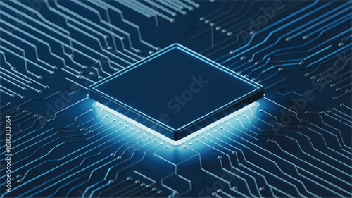 Digital Microchip: A close-up view of a gleaming digital microchip showcases its intricate pathways and advanced design, reflecting the cutting-edge world of technology.