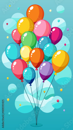 A vibrant bouquet of colorful balloons floating against a bright blue background