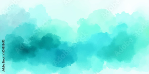 Abstract watercolor clouds float in a bright blue summer sky