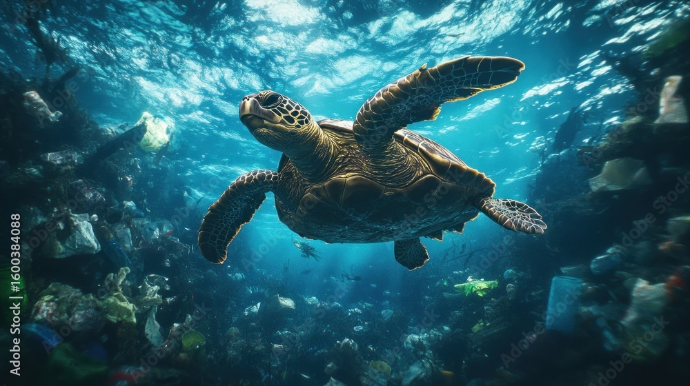 Fototapeta premium Sea Turtle in a Polluted Ocean: A Plea for Conservation