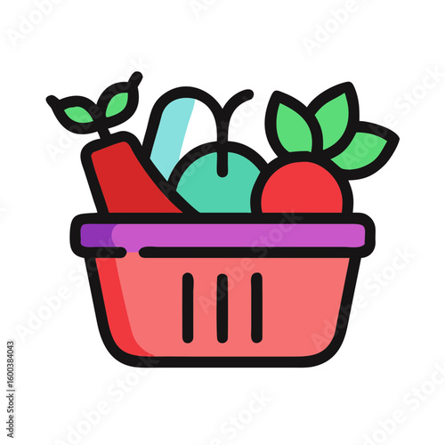 llustration of a store with three connected shopping baskets below, concept image

