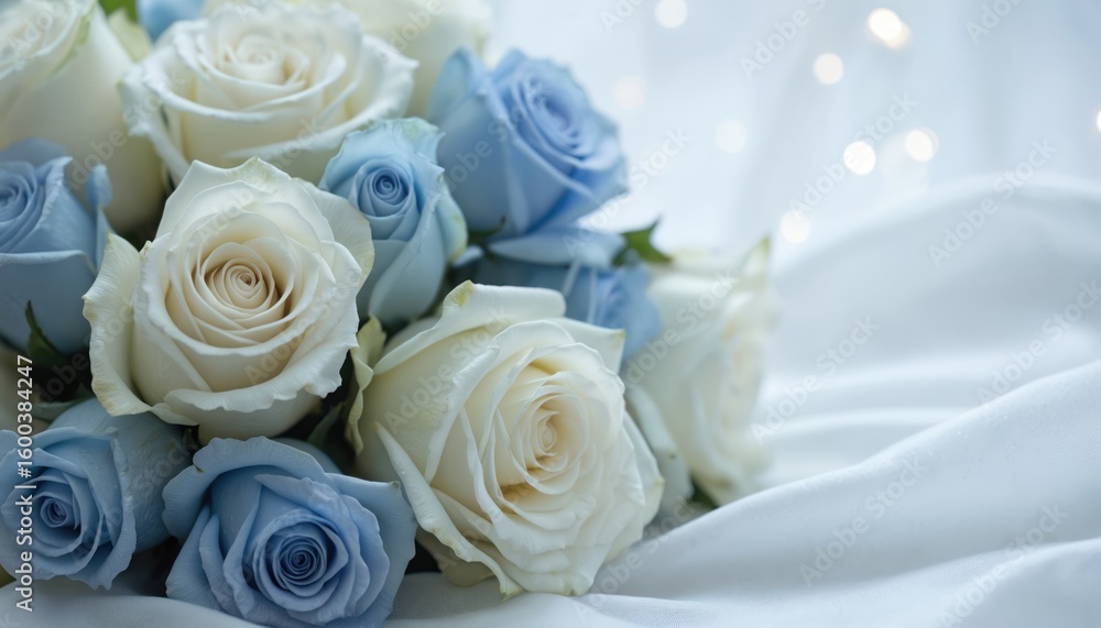 Obraz premium Elegant bouquet of white and blue roses arranged on soft fabric, ideal for Valentine Day, weddings, or as a beautiful wallpaper. Delicate blossoms showcase natural beauty and pastel colors.