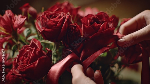 Hands tying ribbon around red roses