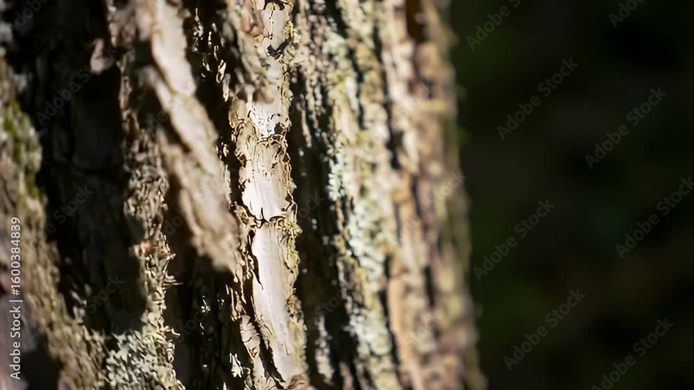 Close-up shot of a textured tree trunk covered in patches of lichen, dappled by sunlight Close-up shot of a textured tree trunk covered in patches of lichen, dappled by sunlight