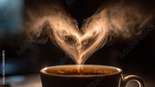 Steam heart over hot coffee