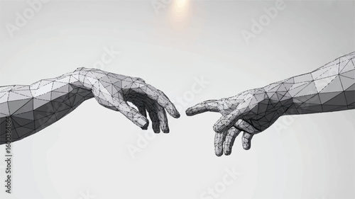 Genesis Hands: Capturing the essence of connection and creation with two hands reaching out to touch, rendered in a modern, geometric style. 