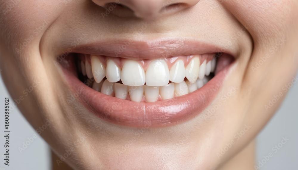 Fototapeta premium Close-up macro shot of woman perfect white smile, healthy teeth, dental implants veneers. Features clean lips with subtle makeup, natural skin tone, promoting oral hygiene, cosmetic dentistry.