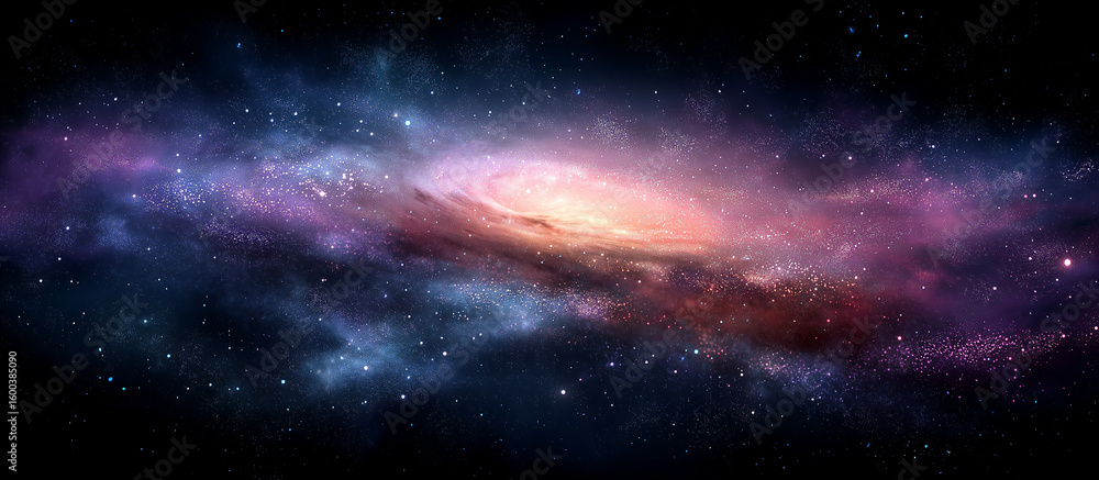 Fototapeta premium A colorful frame with a star in the center and other stars surrounding it.A nebula in space, centered in the frame, surrounded by stars and galaxies.